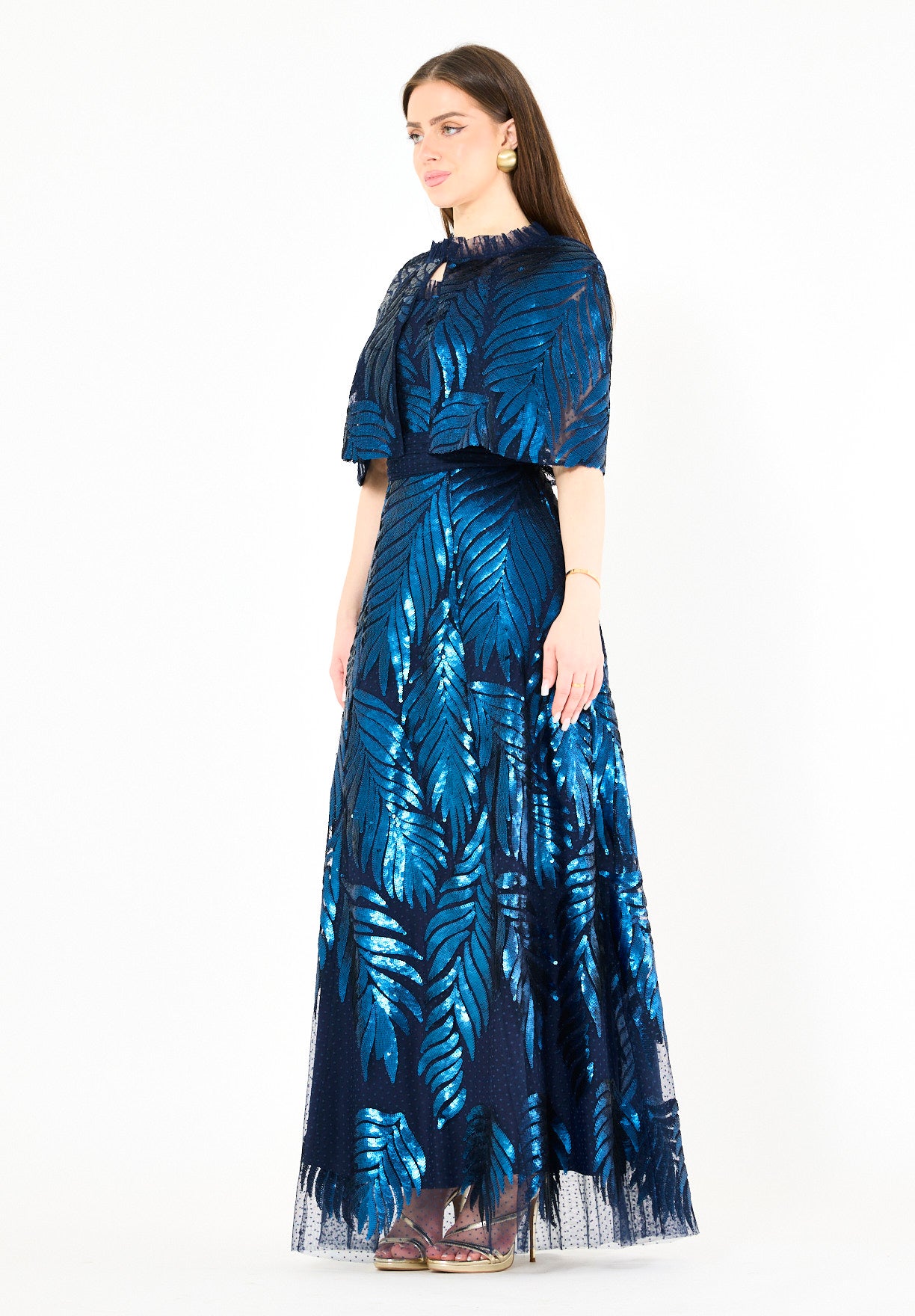 Sequined Leaf Gown with Sheer Cape Overlay