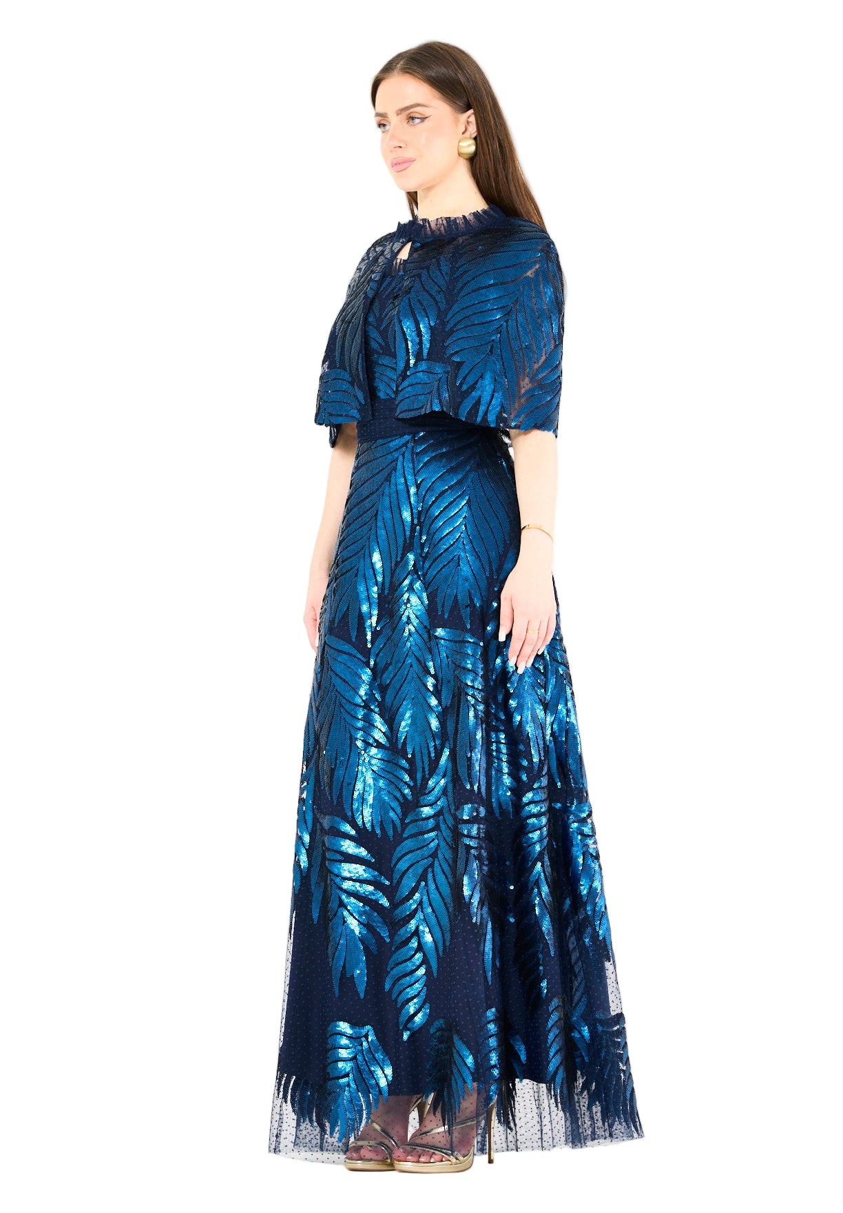 Sequined Leaf Gown with Sheer Cape Overlay