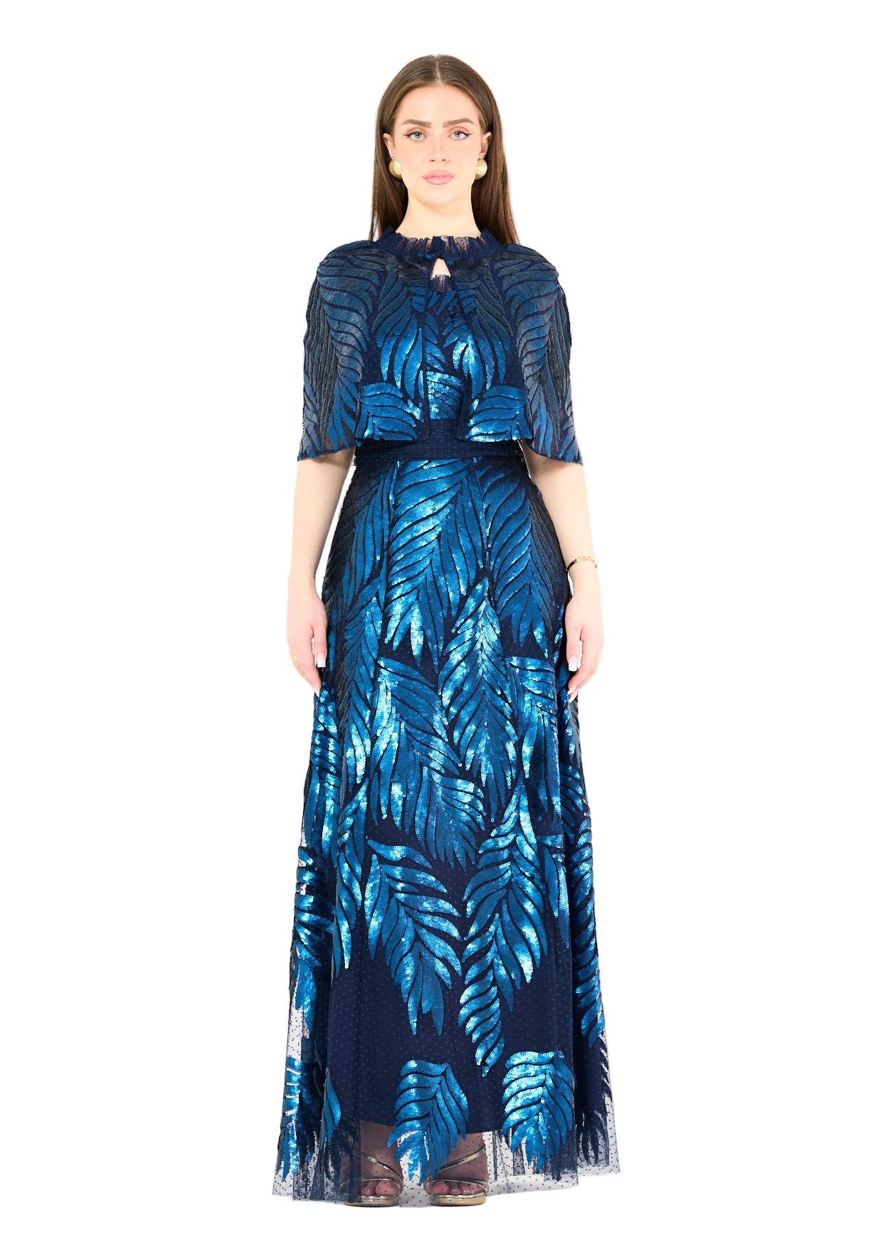 Sequined Leaf Gown with Sheer Cape Overlay