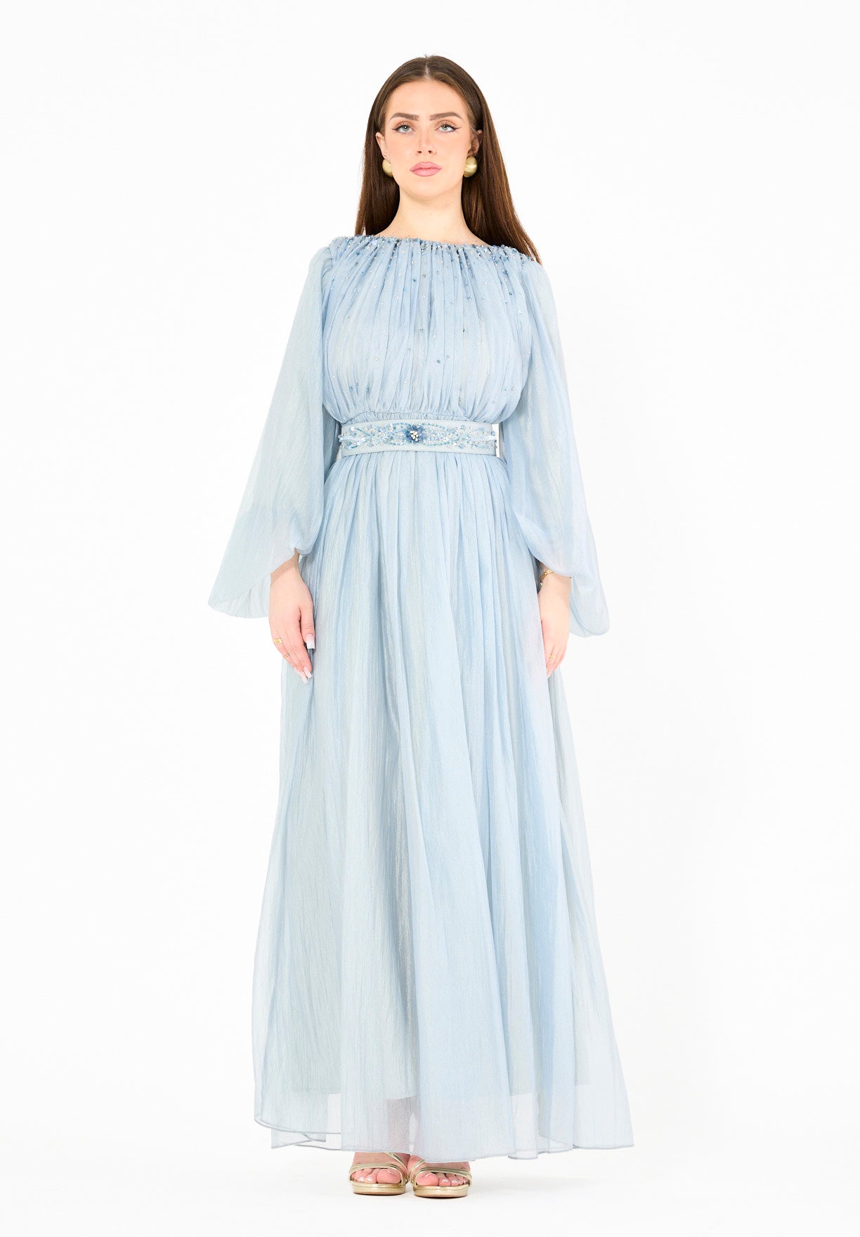 Ethereal Hand-Pleated Flowy Dress with Embellishments