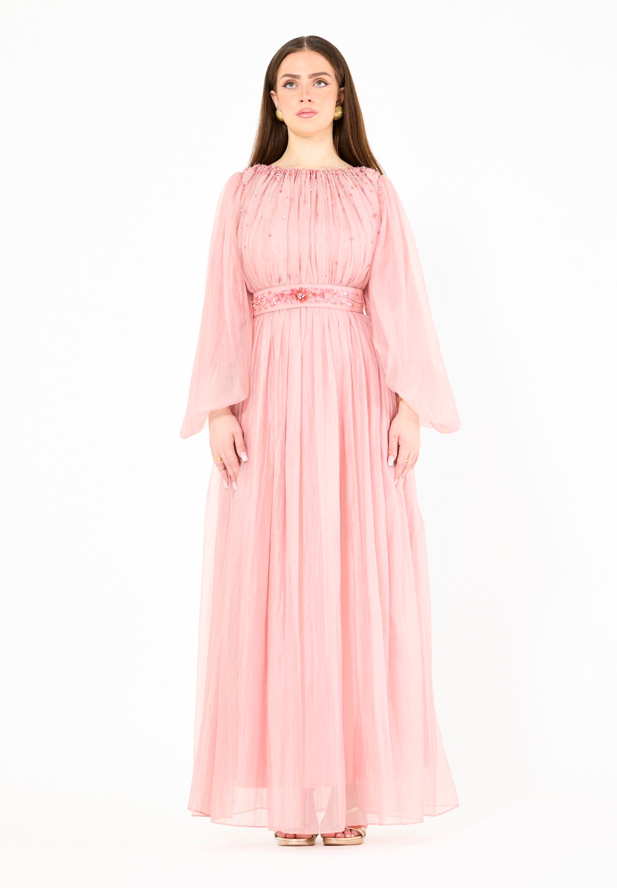 Ethereal Hand-Pleated Flowy Dress with Embellishments