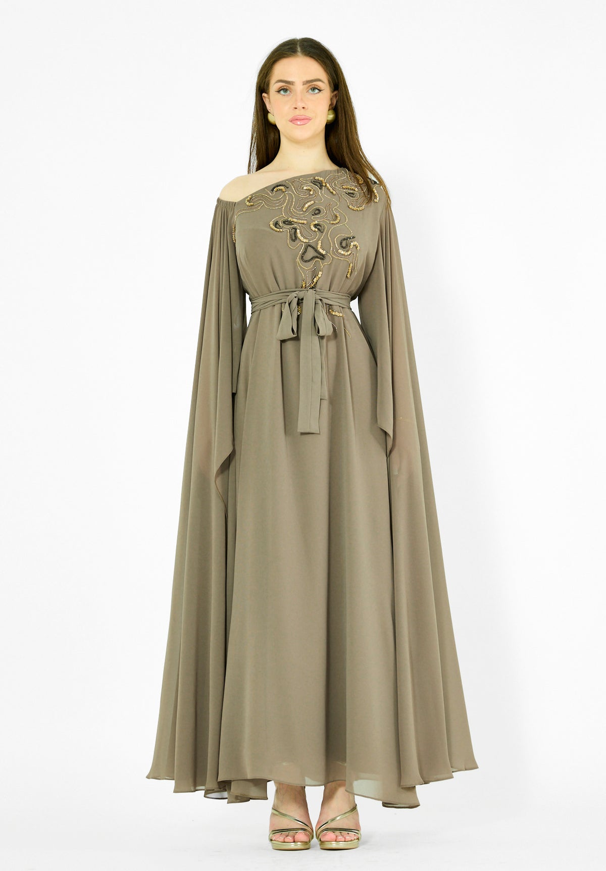 Embellished Chiffon Cape Gown