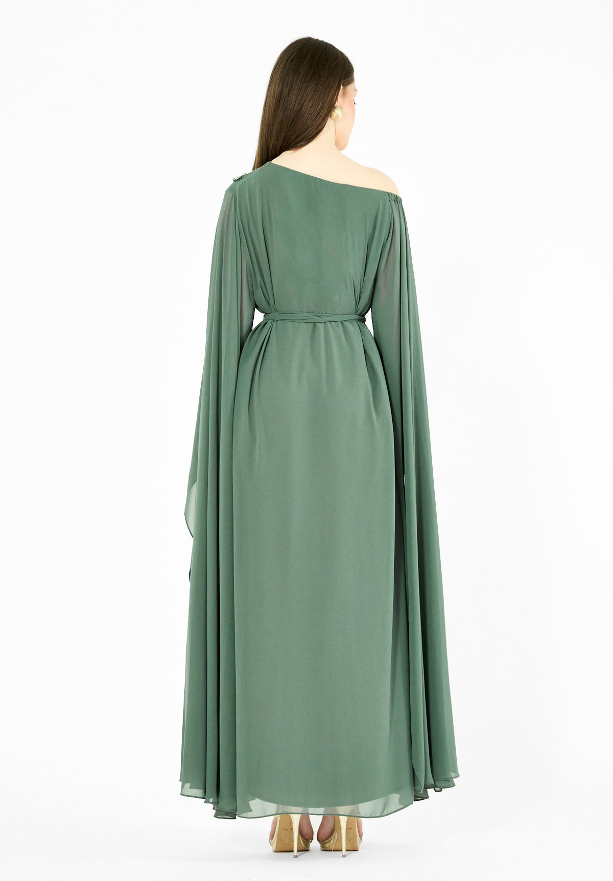 Embellished Chiffon Cape Gown