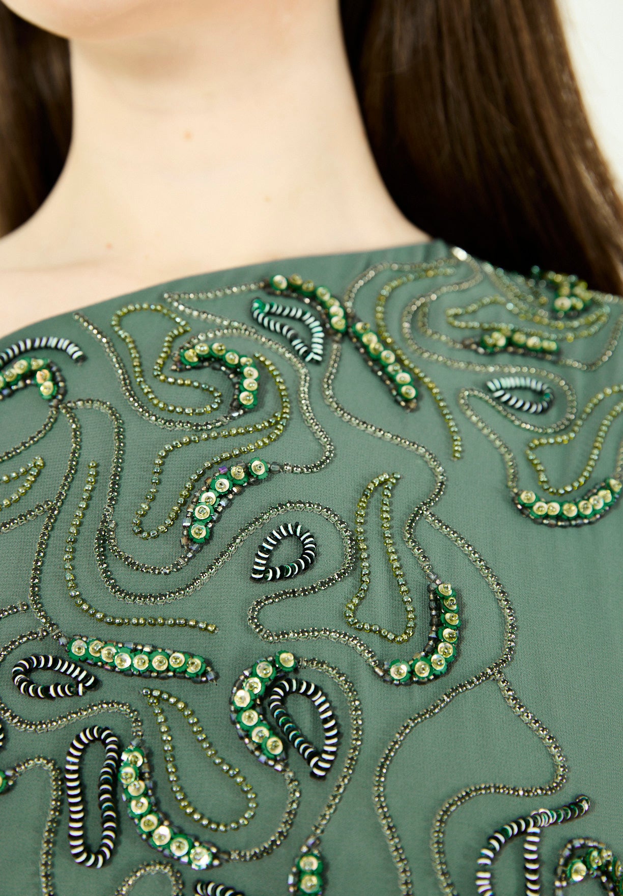 Swirl-Patterned Embellished One-Shoulder Gown