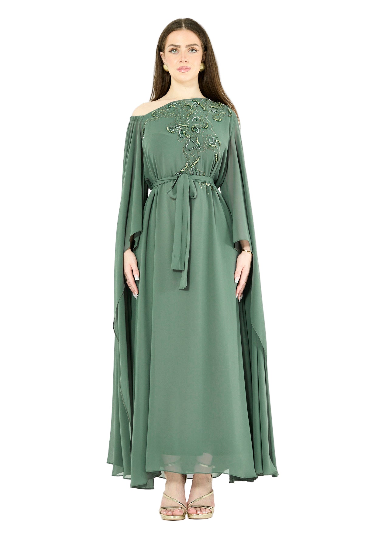 Swirl-Patterned Embellished One-Shoulder Gown