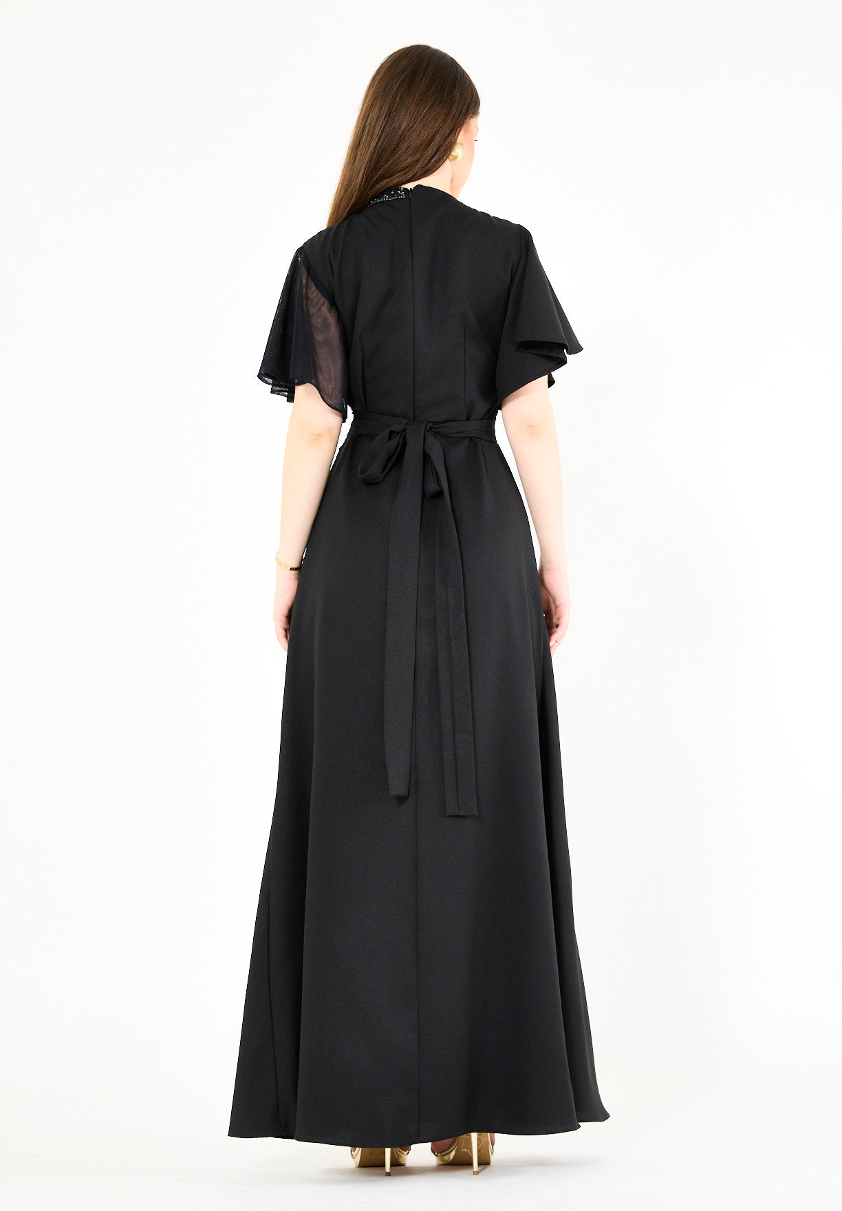 Asymmetrical Sheer Panel Embellished Formal Gown