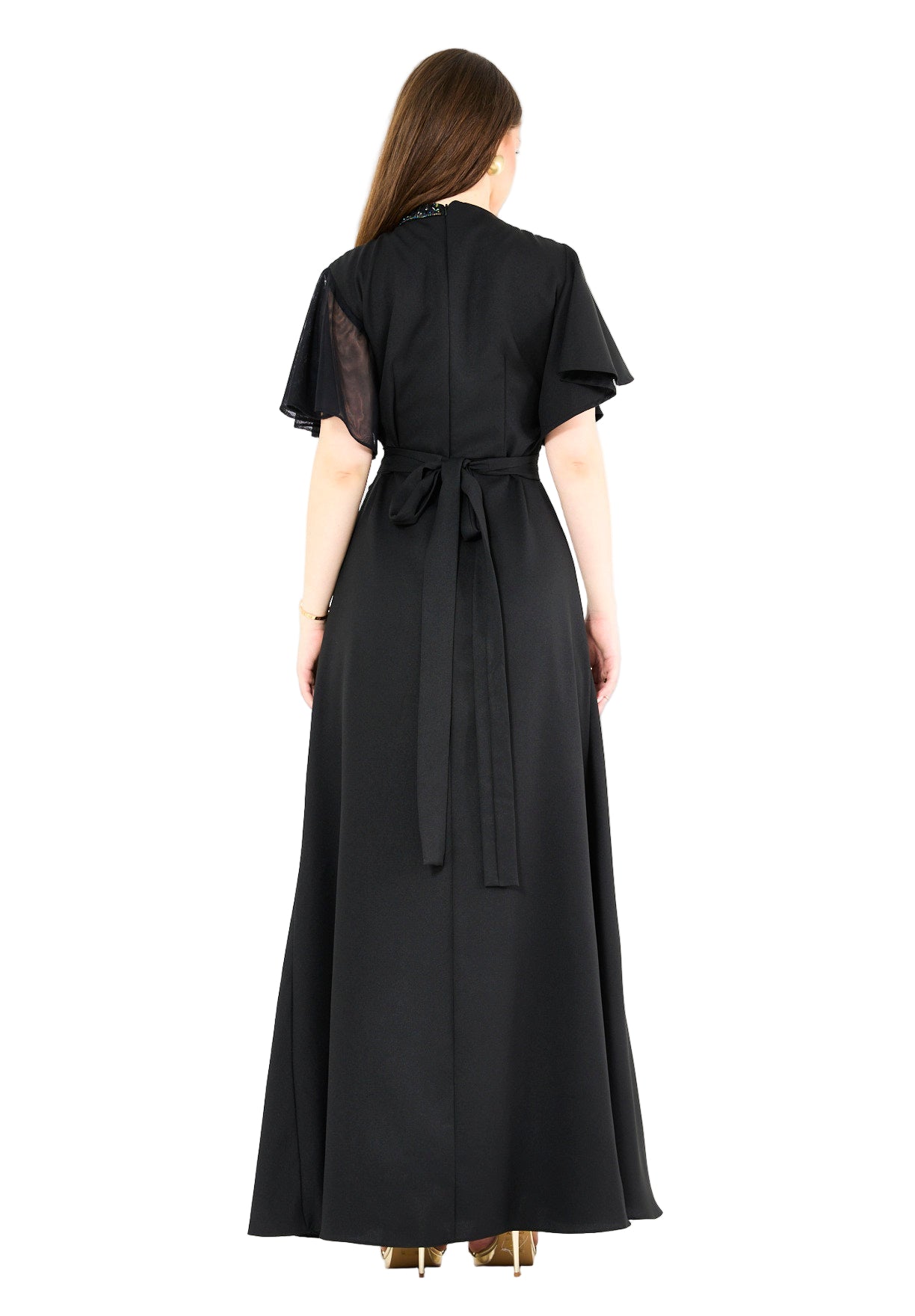 Asymmetrical Sheer Panel Embellished Formal Gown