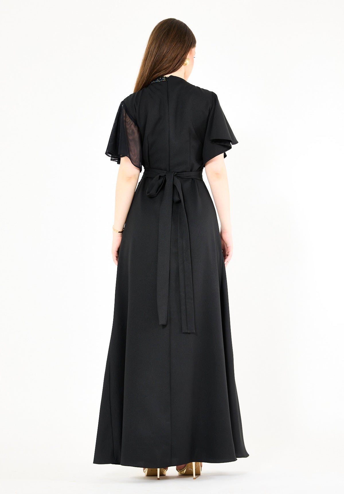 Asymmetrical Sheer Panel Embellished Formal Gown