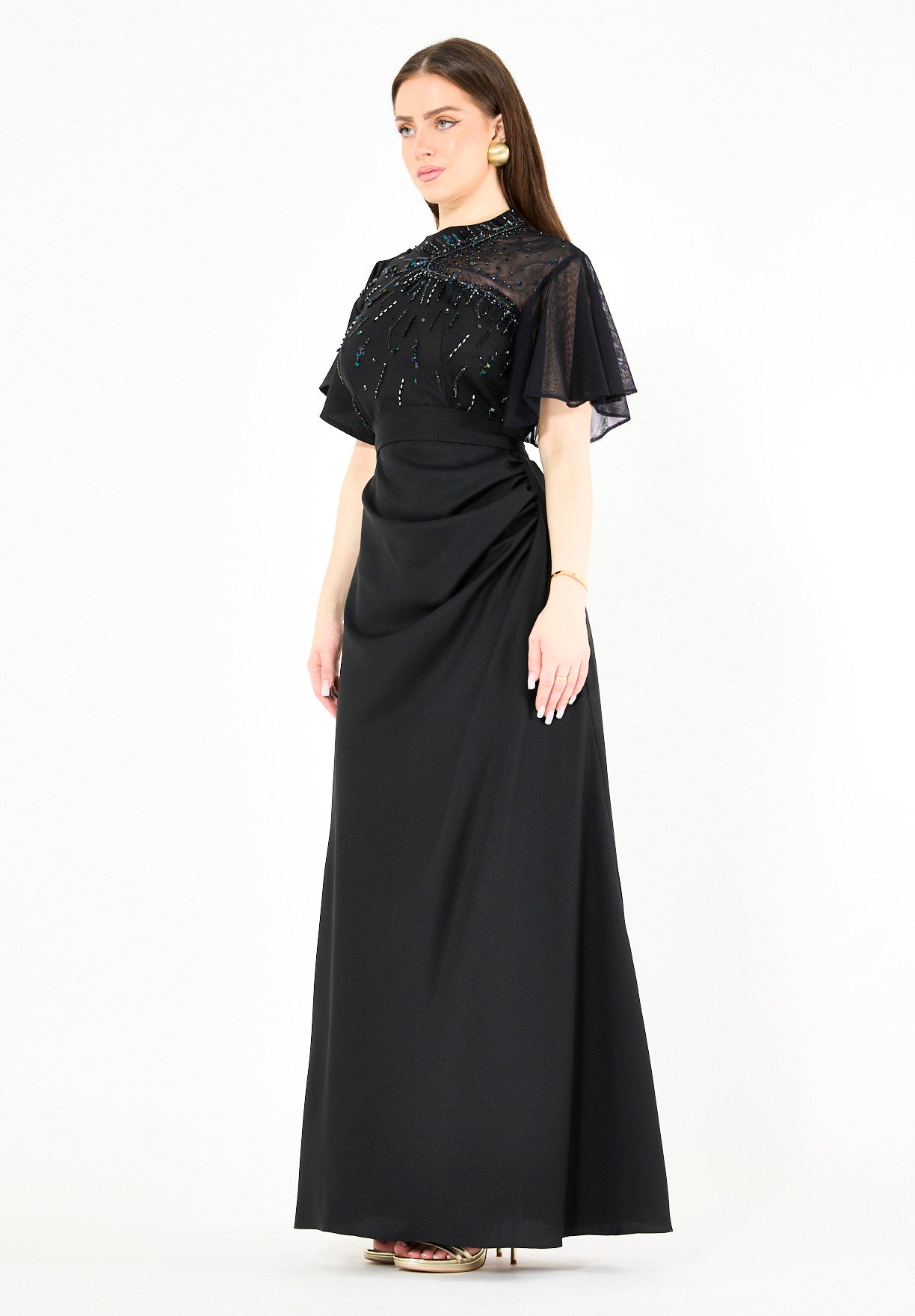 Asymmetrical Sheer Panel Embellished Formal Gown