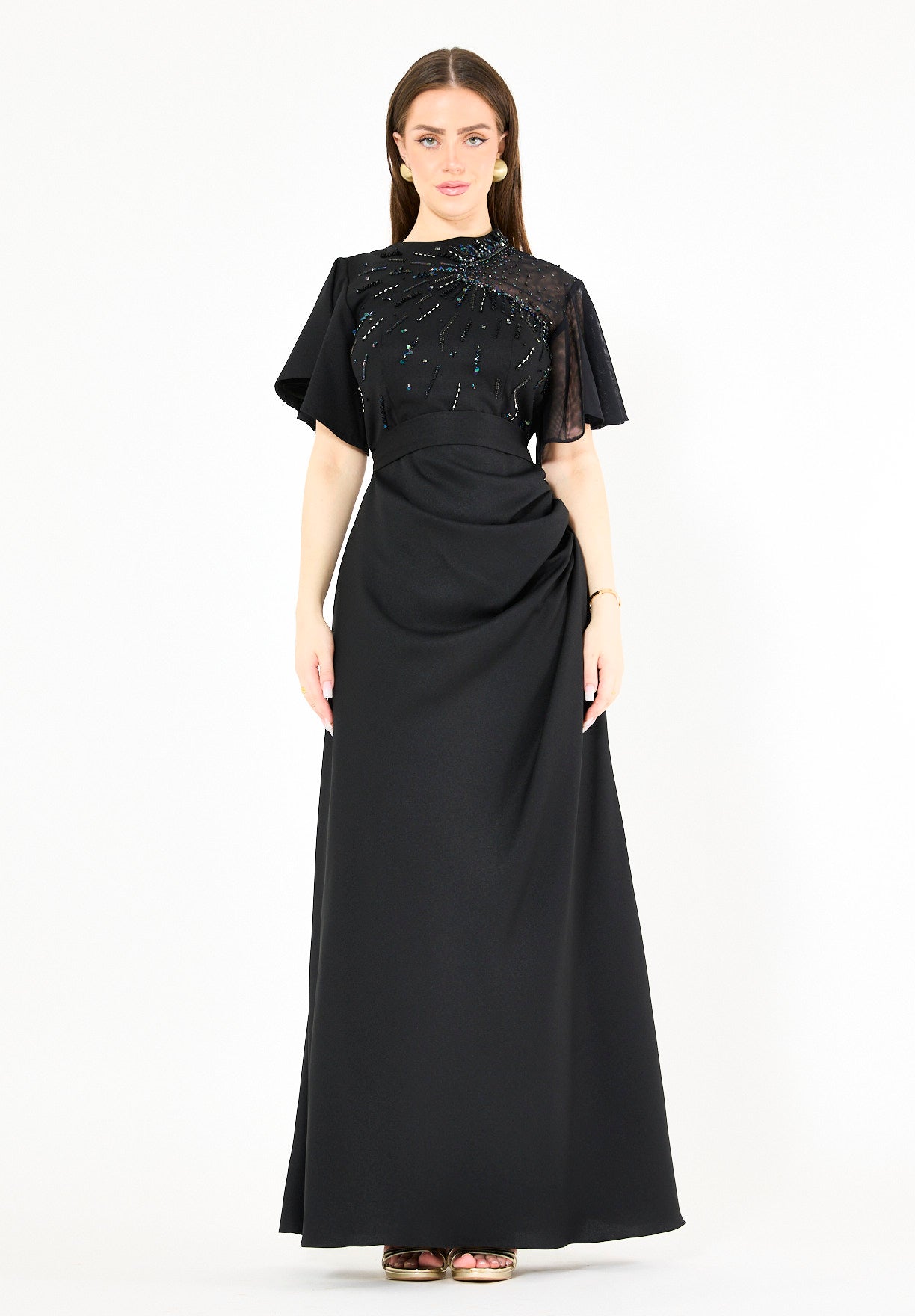 Asymmetrical Sheer Panel Embellished Formal Gown
