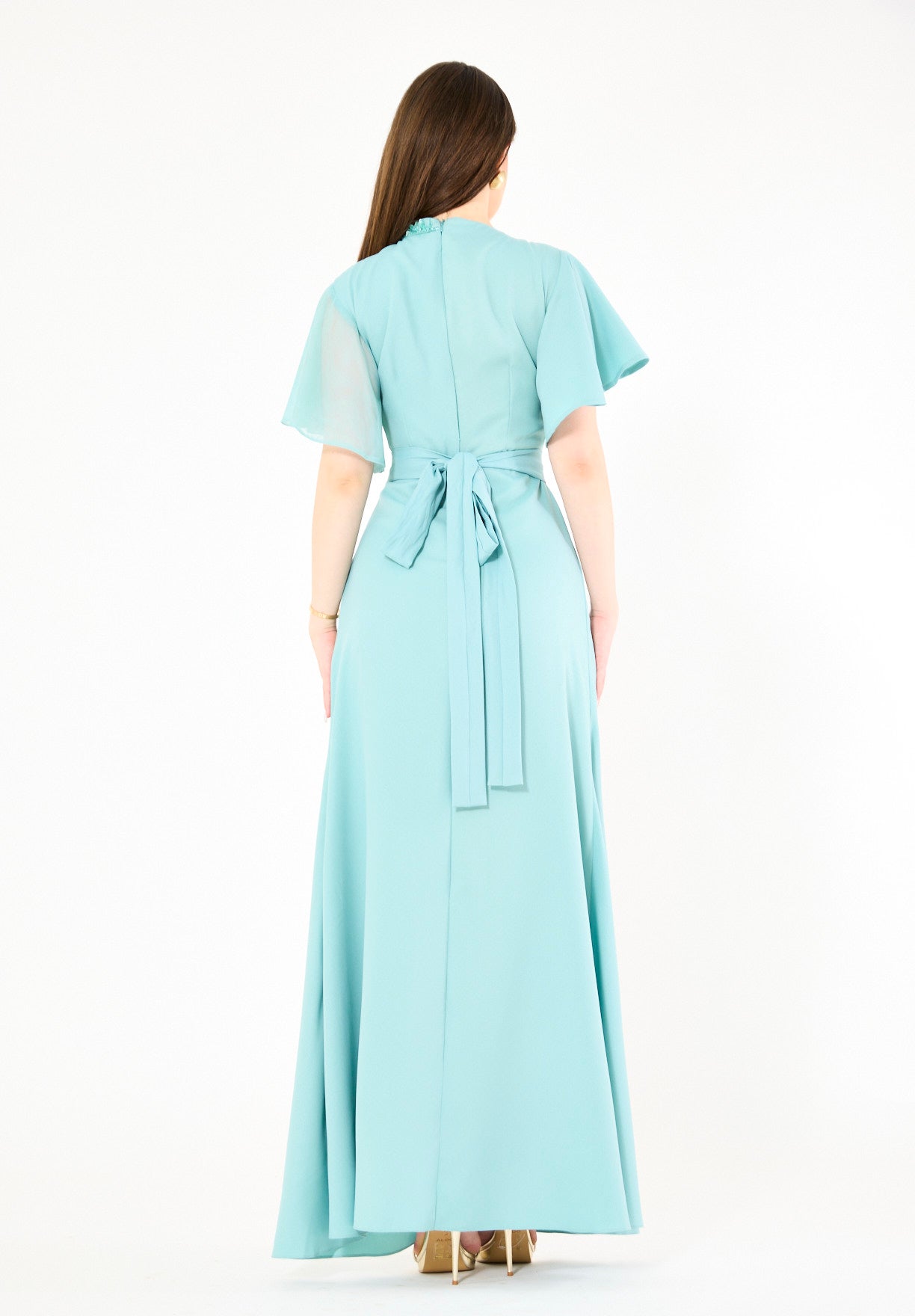 Asymmetrical Sheer Panel Embellished Formal Gown