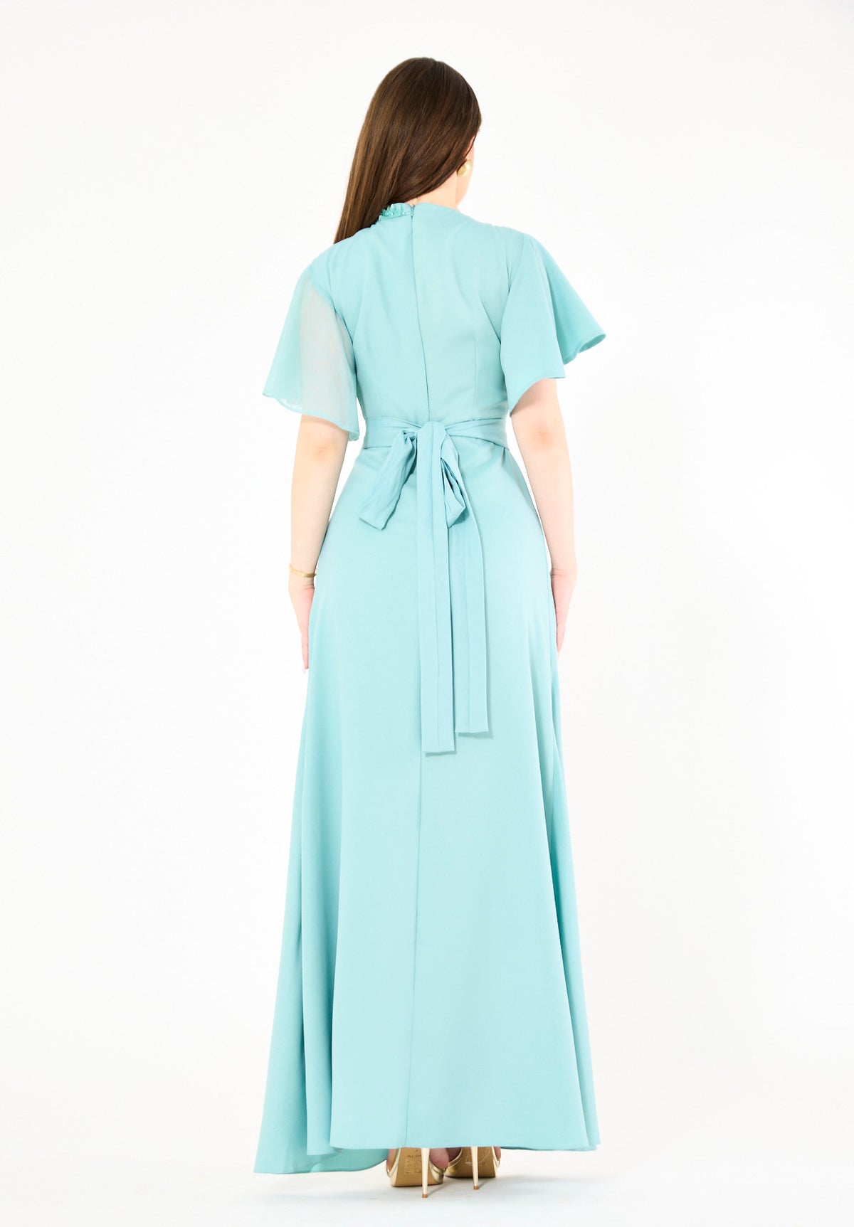 Asymmetrical Sheer Panel Embellished Formal Gown