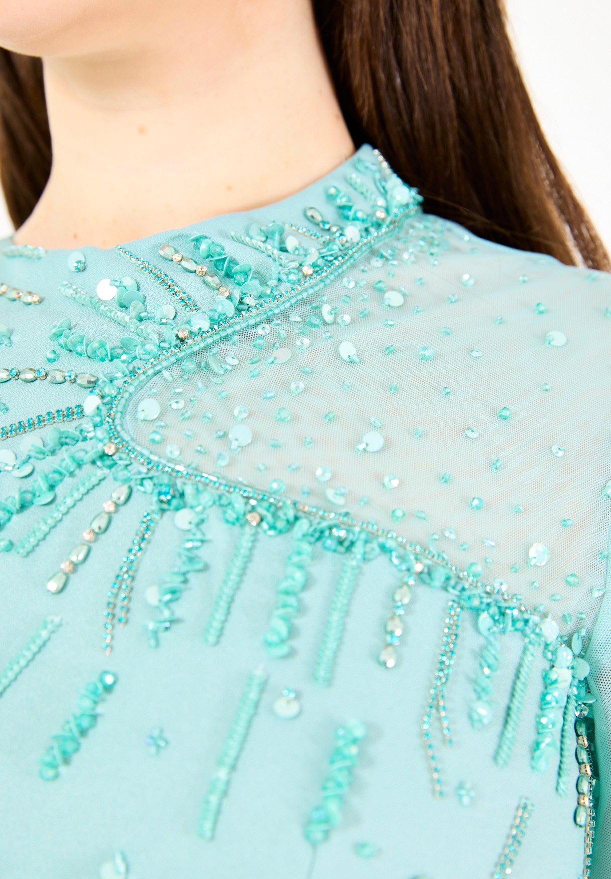 Asymmetrical Sheer Panel Embellished Formal Gown