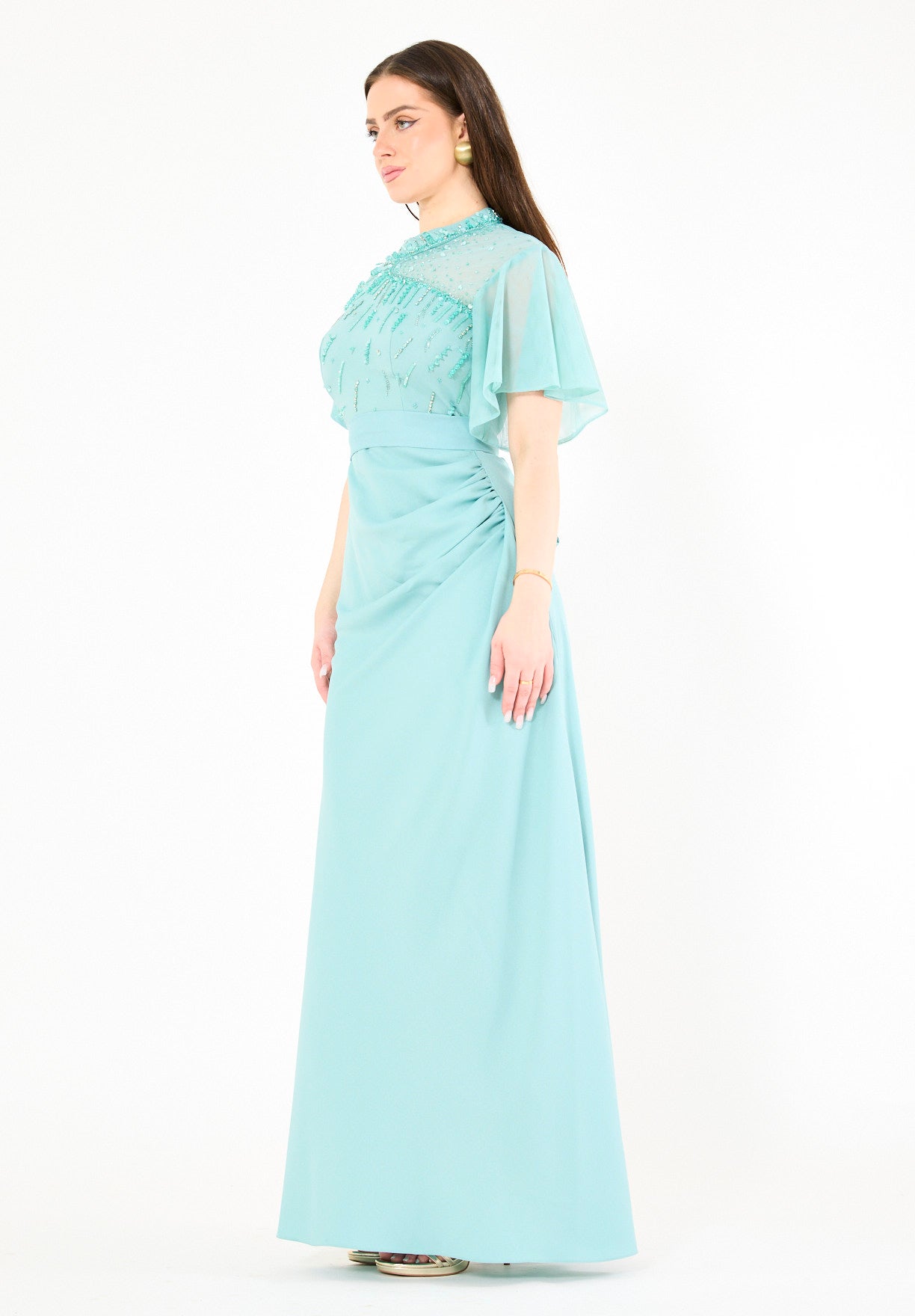 Asymmetrical Sheer Panel Embellished Formal Gown