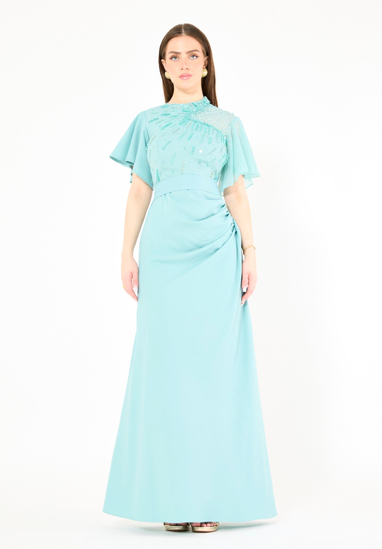Asymmetrical Sheer Panel Embellished Formal Gown
