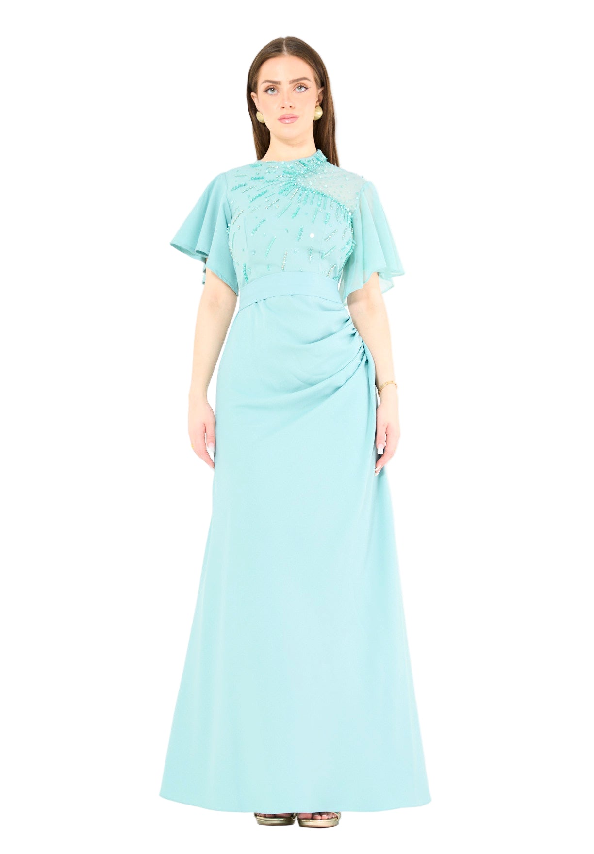 Asymmetrical Sheer Panel Embellished Formal Gown