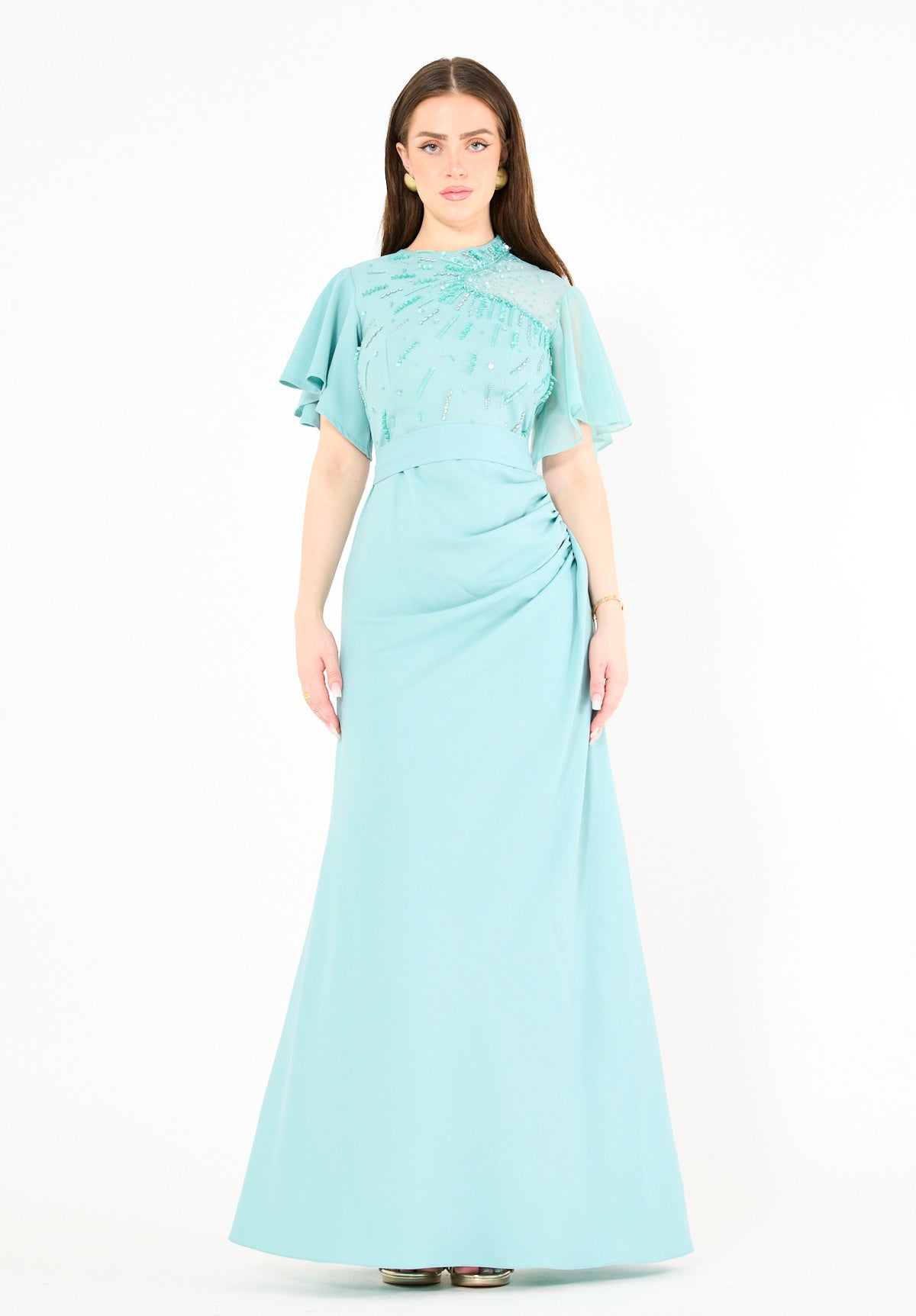 Asymmetrical Sheer Panel Embellished Formal Gown