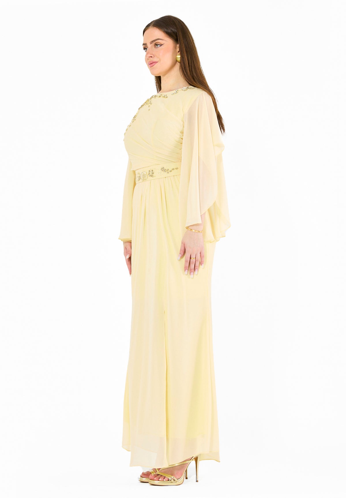 Elegant Draped Gown with Embellished Chiffon Details