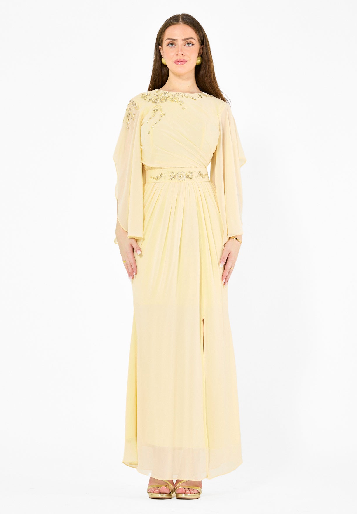 Elegant Draped Gown with Embellished Details