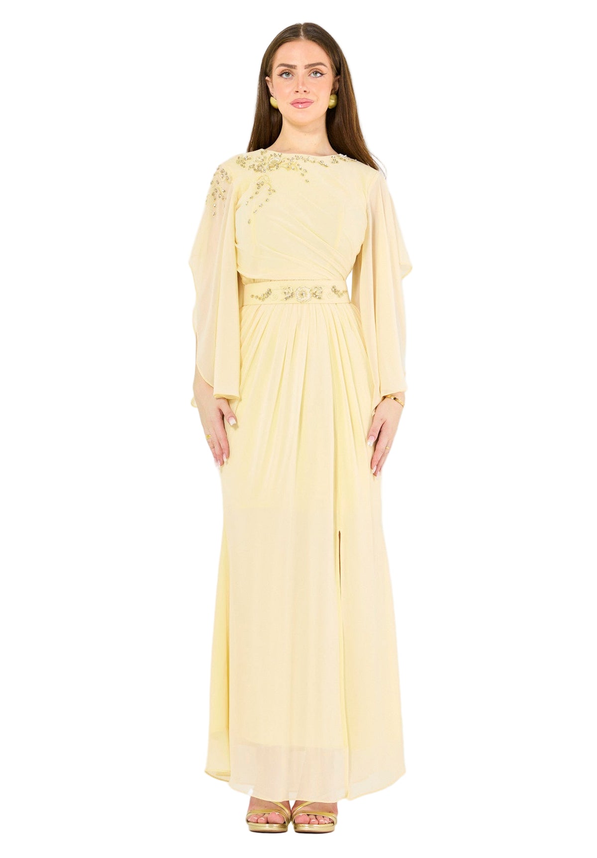 Elegant Draped Gown with Embellished Chiffon Details