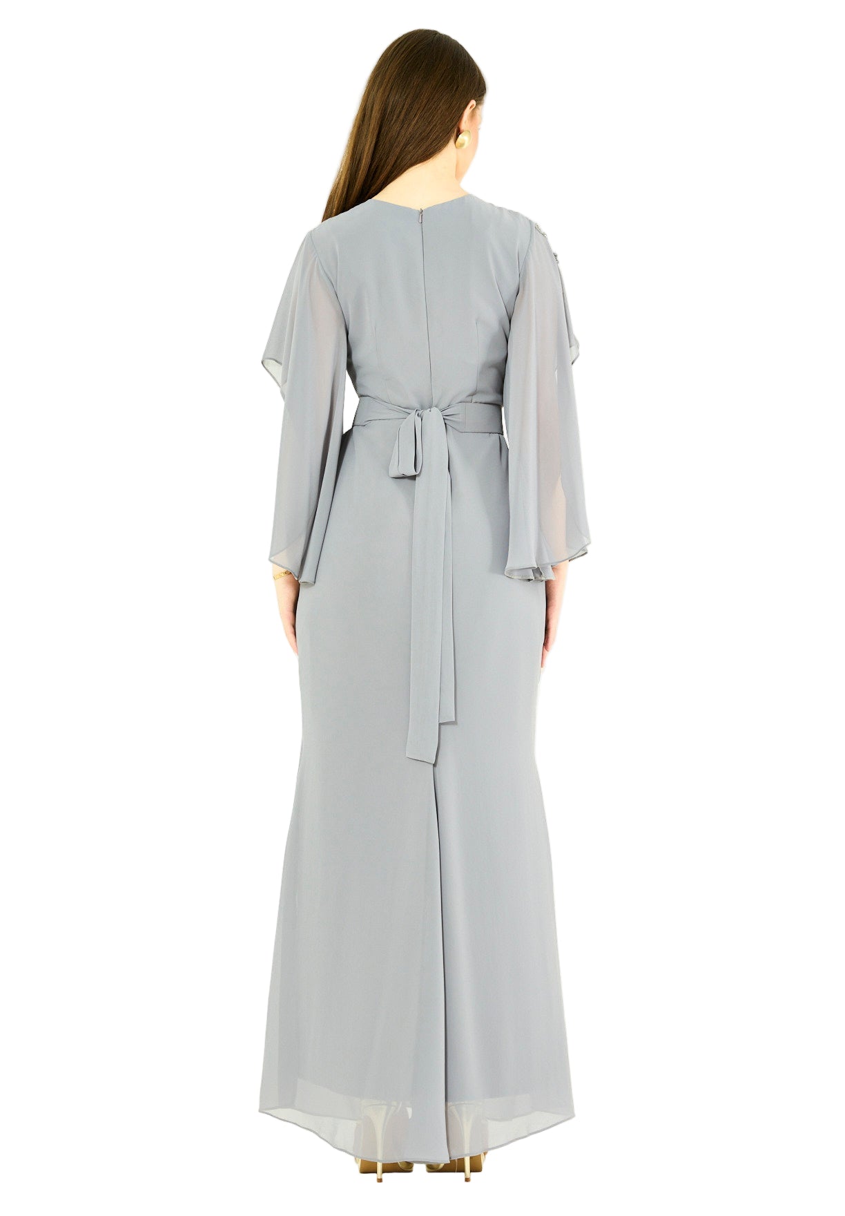 Elegant Draped Gown with Embellished Chiffon Details