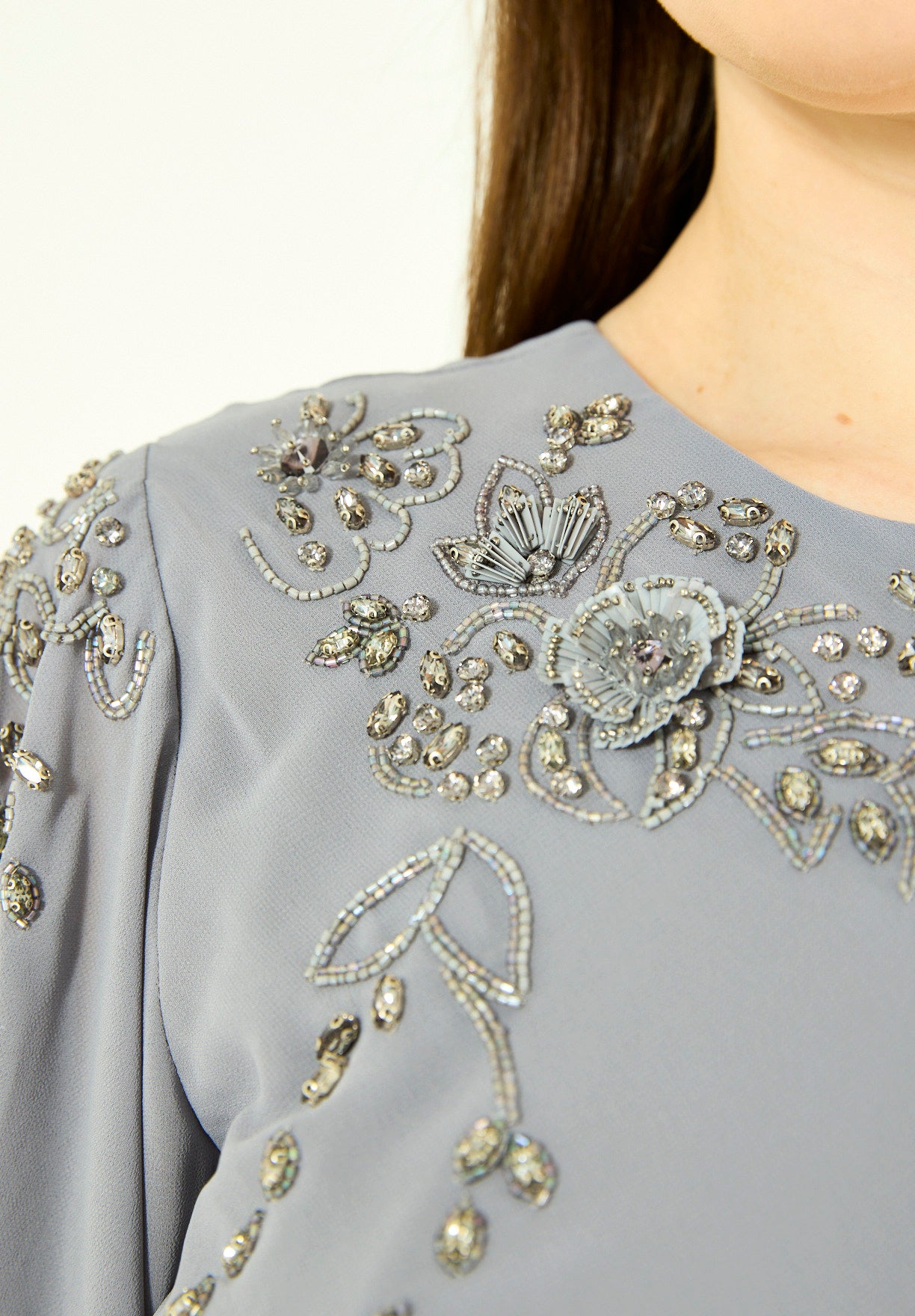 Elegant Draped Gown with Embellished Chiffon Details