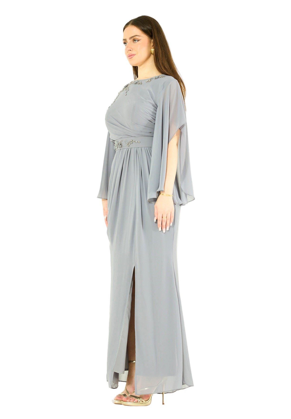 Elegant Draped Gown with Embellished Chiffon Details