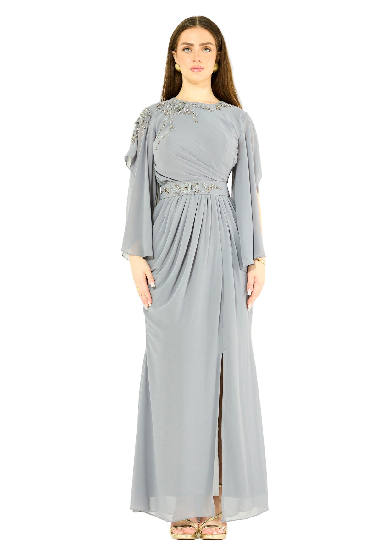 Elegant Draped Gown with Embellished Chiffon Details