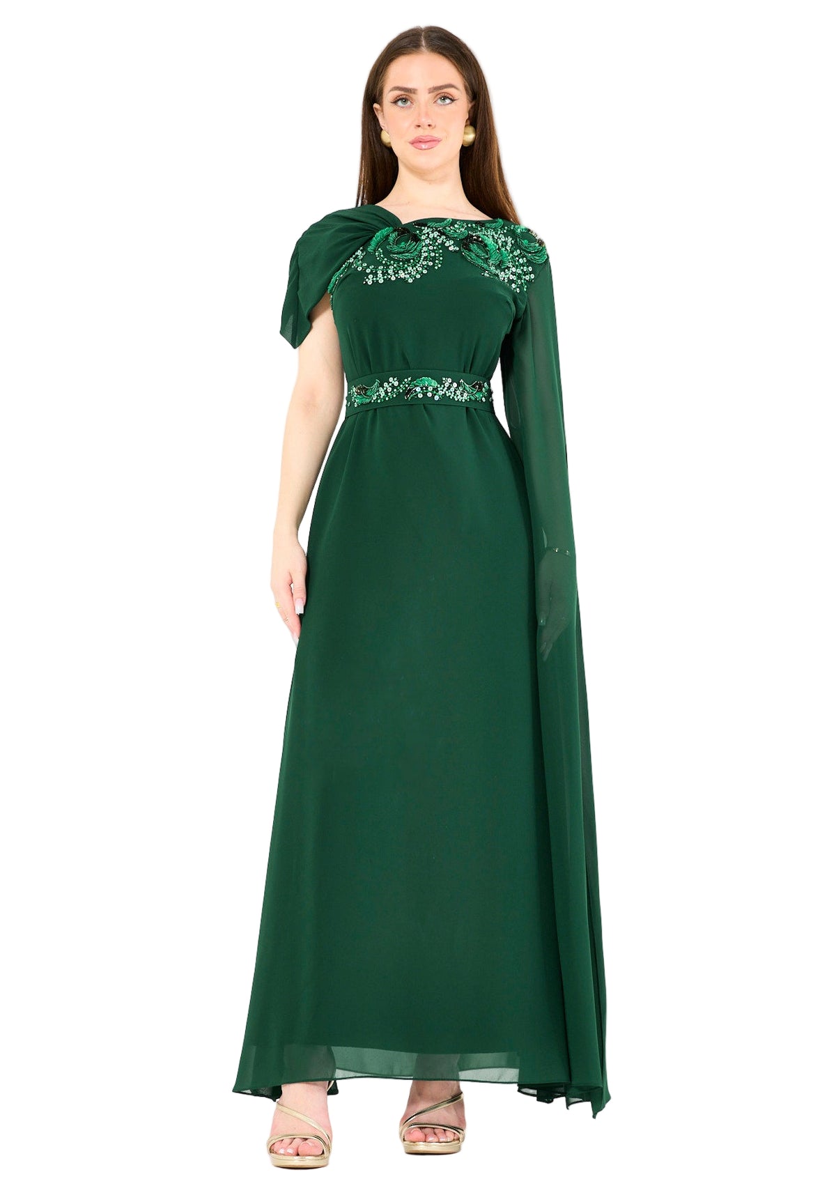 Cape Sleeve Embellished Evening Gown