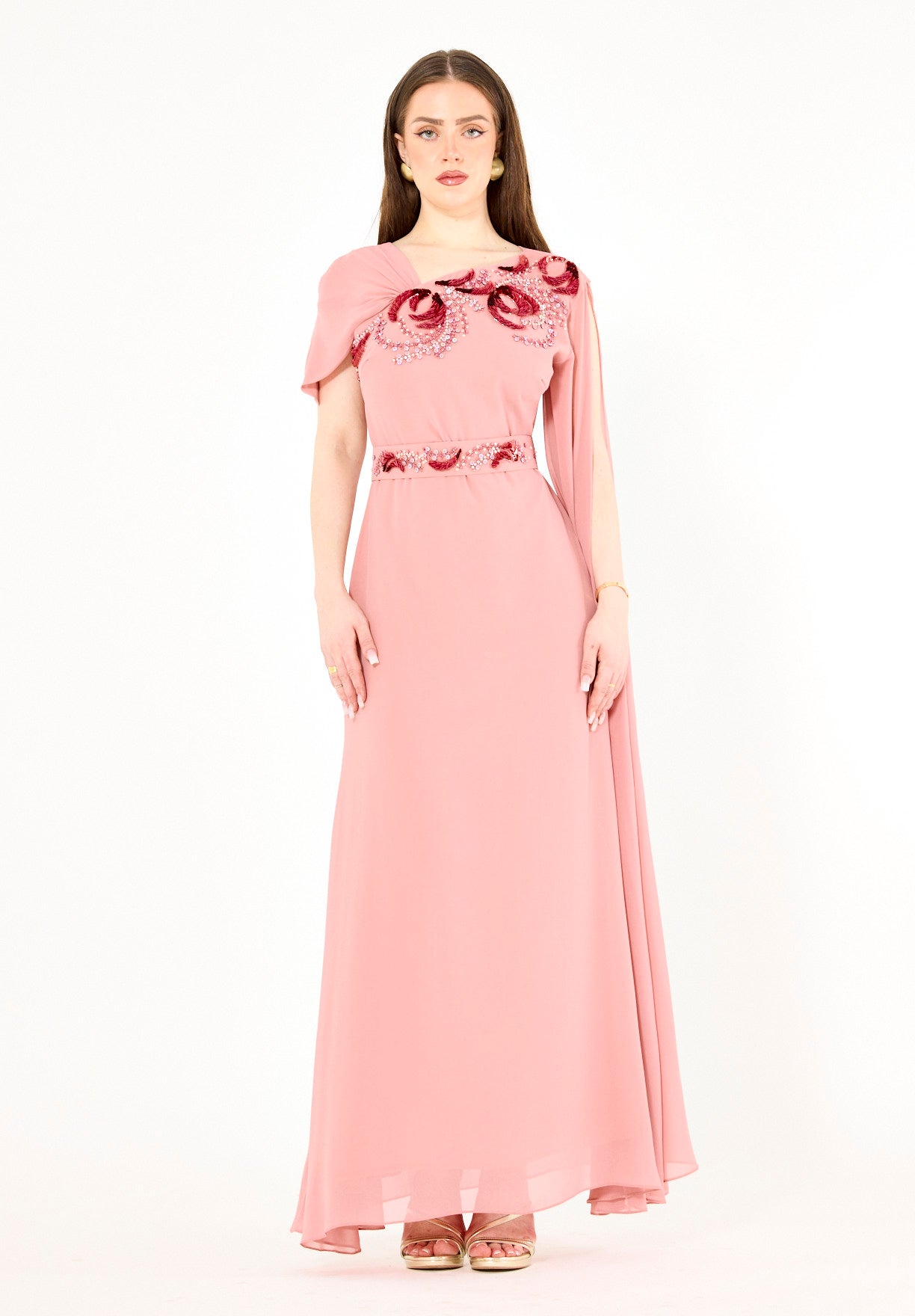 Cape Sleeve Embellished Evening Gown