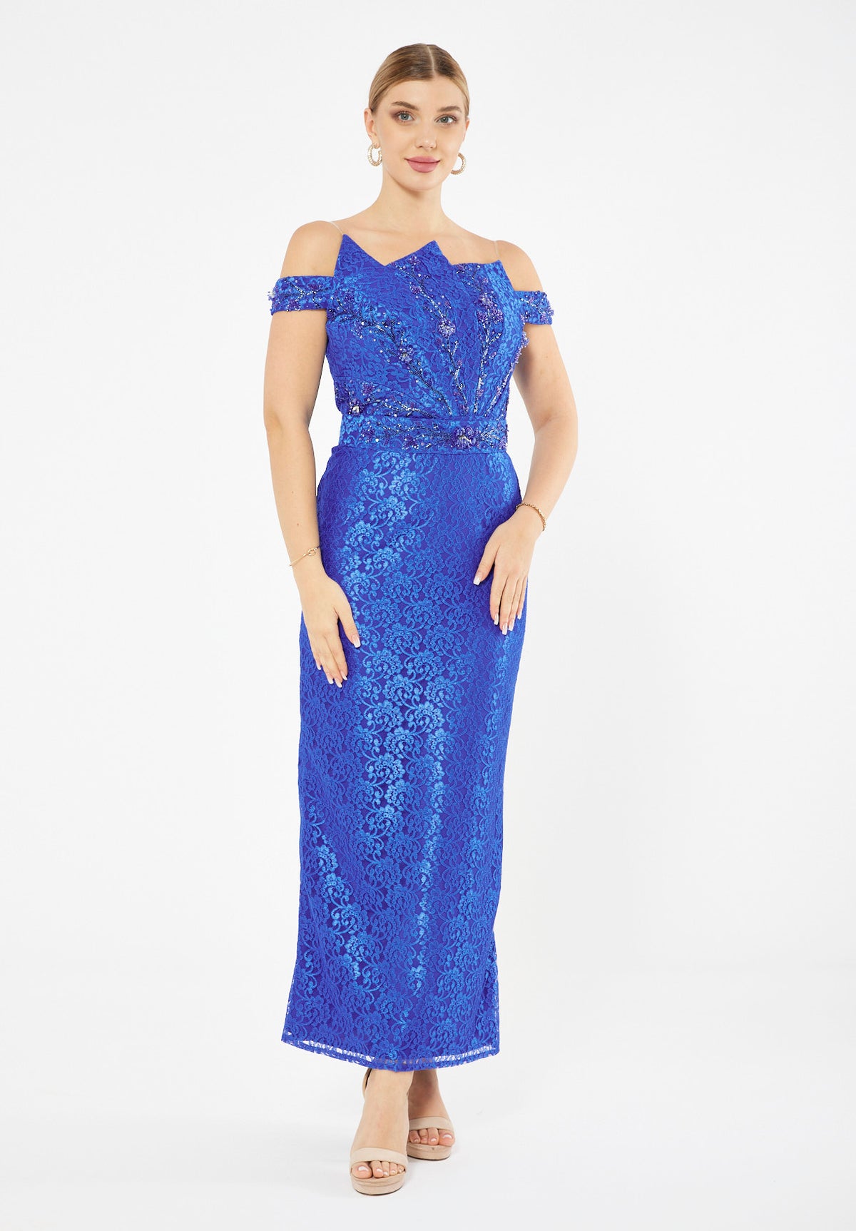 Embellished Off Shoulder Lace Dress