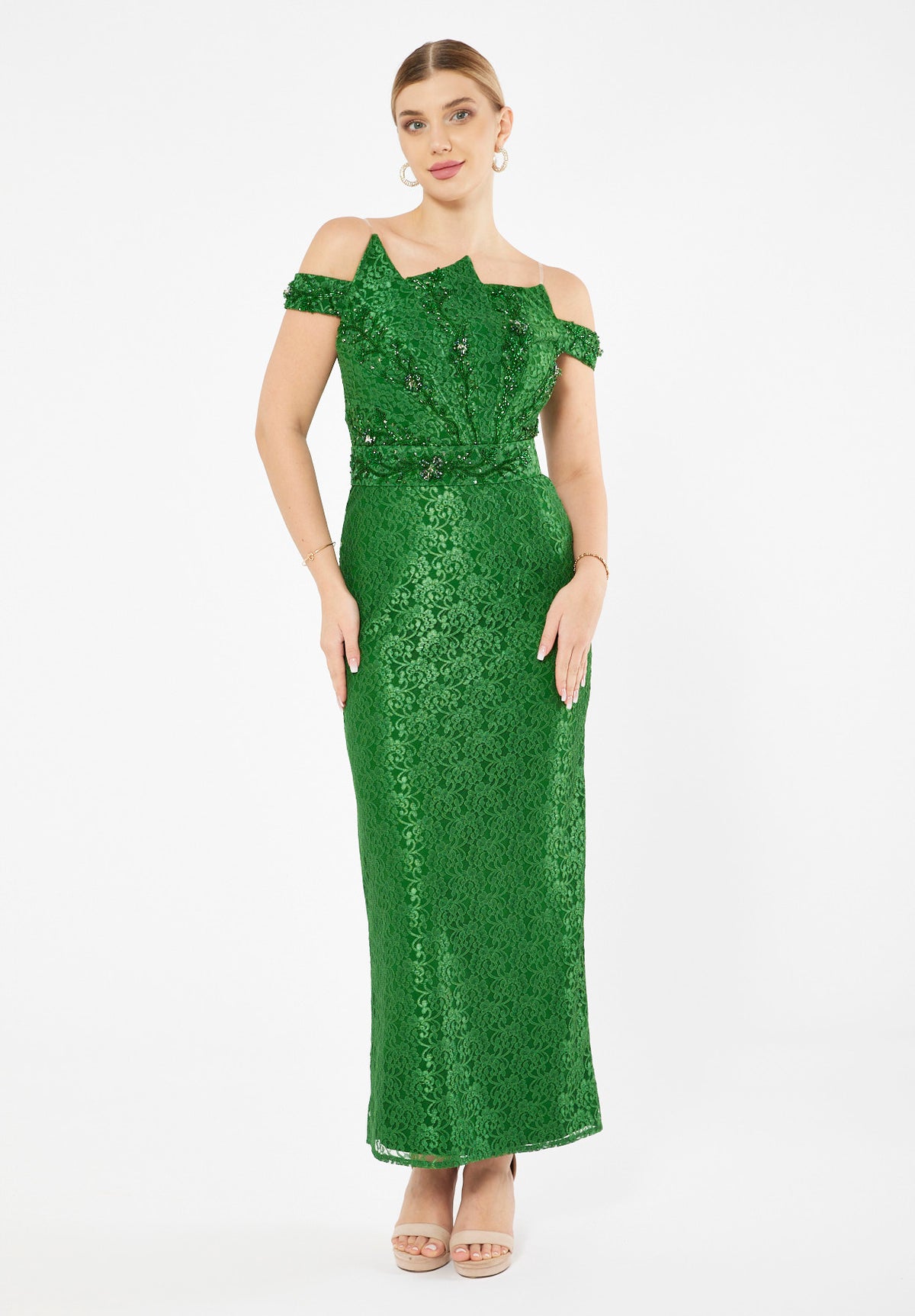 Embellished Off Shoulder Lace Dress