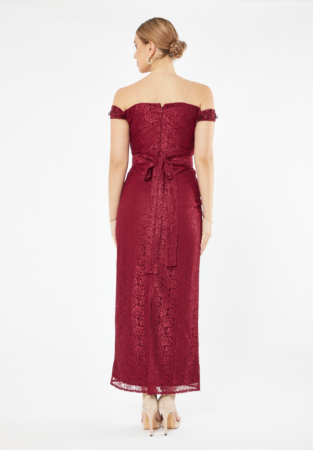 Embellished Off Shoulder Lace Dress