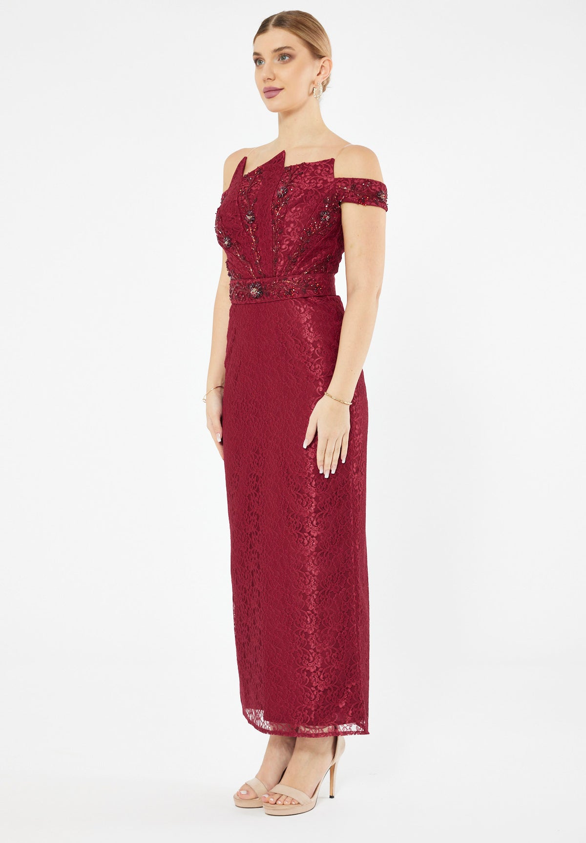 Embellished Off Shoulder Lace Dress