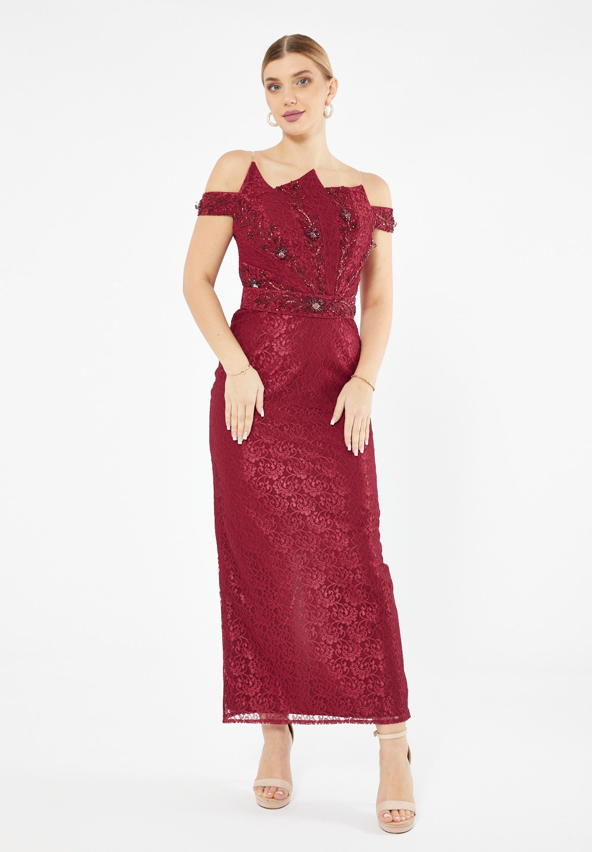 Embellished Off Shoulder Lace Dress