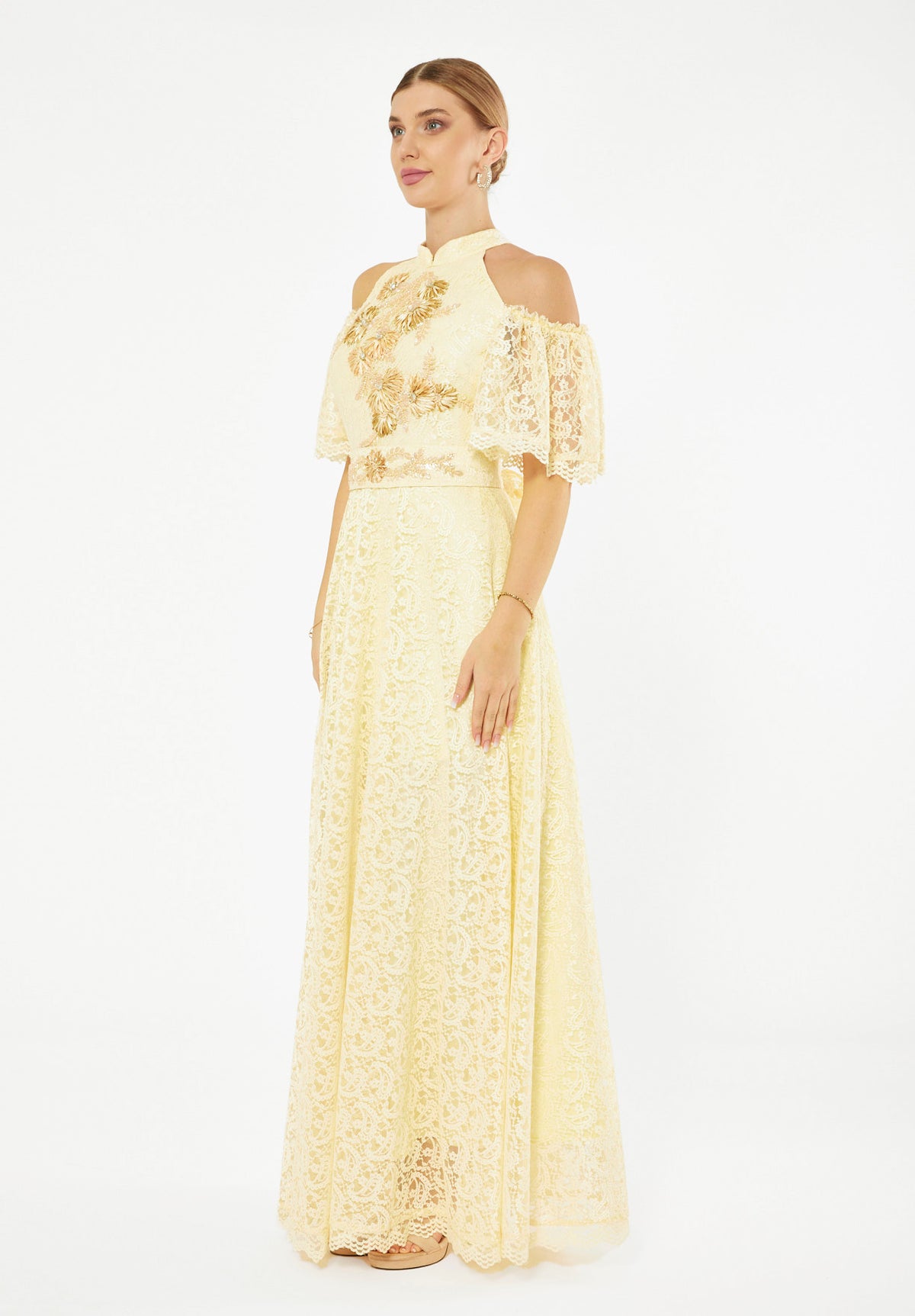 Embellished Halter Lace Gown