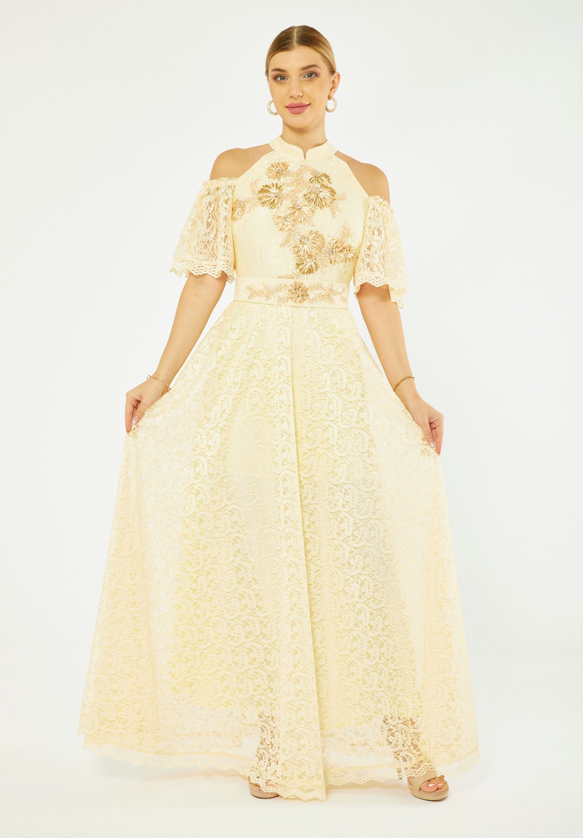 Embellished Halter Lace Gown