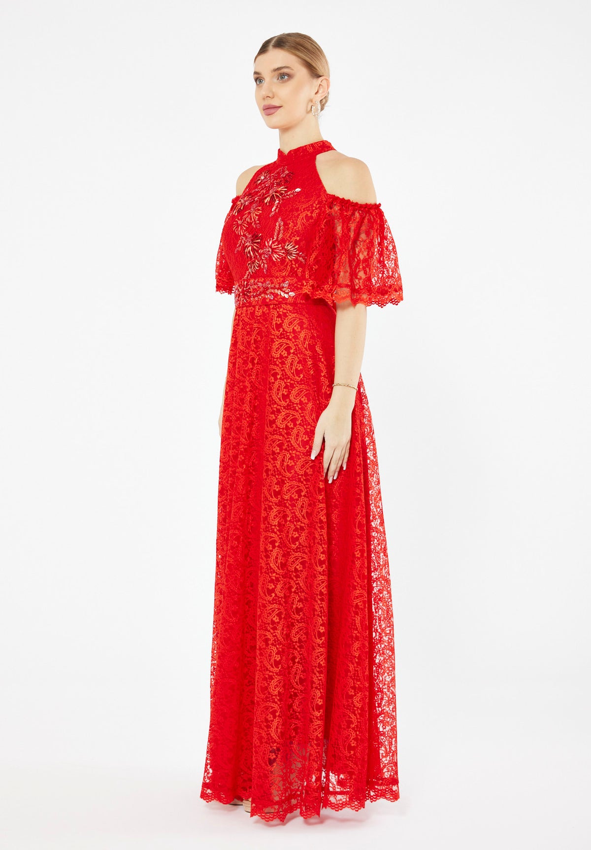 Embellished Halter Lace Gown
