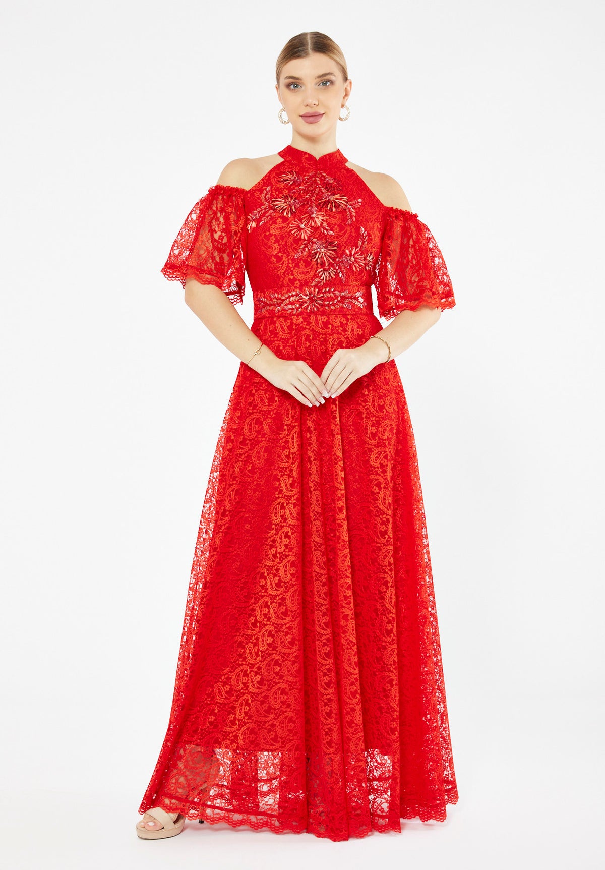 Embellished Halter Lace Gown