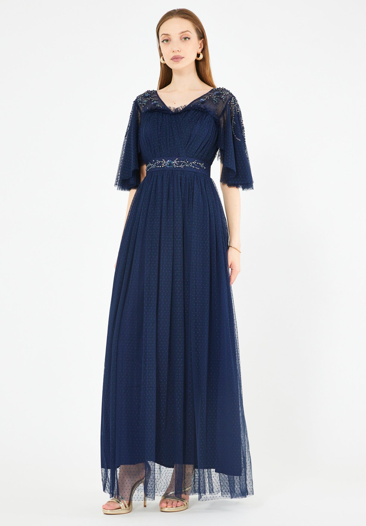 Textured Tulle Gown with Embroidered Accents