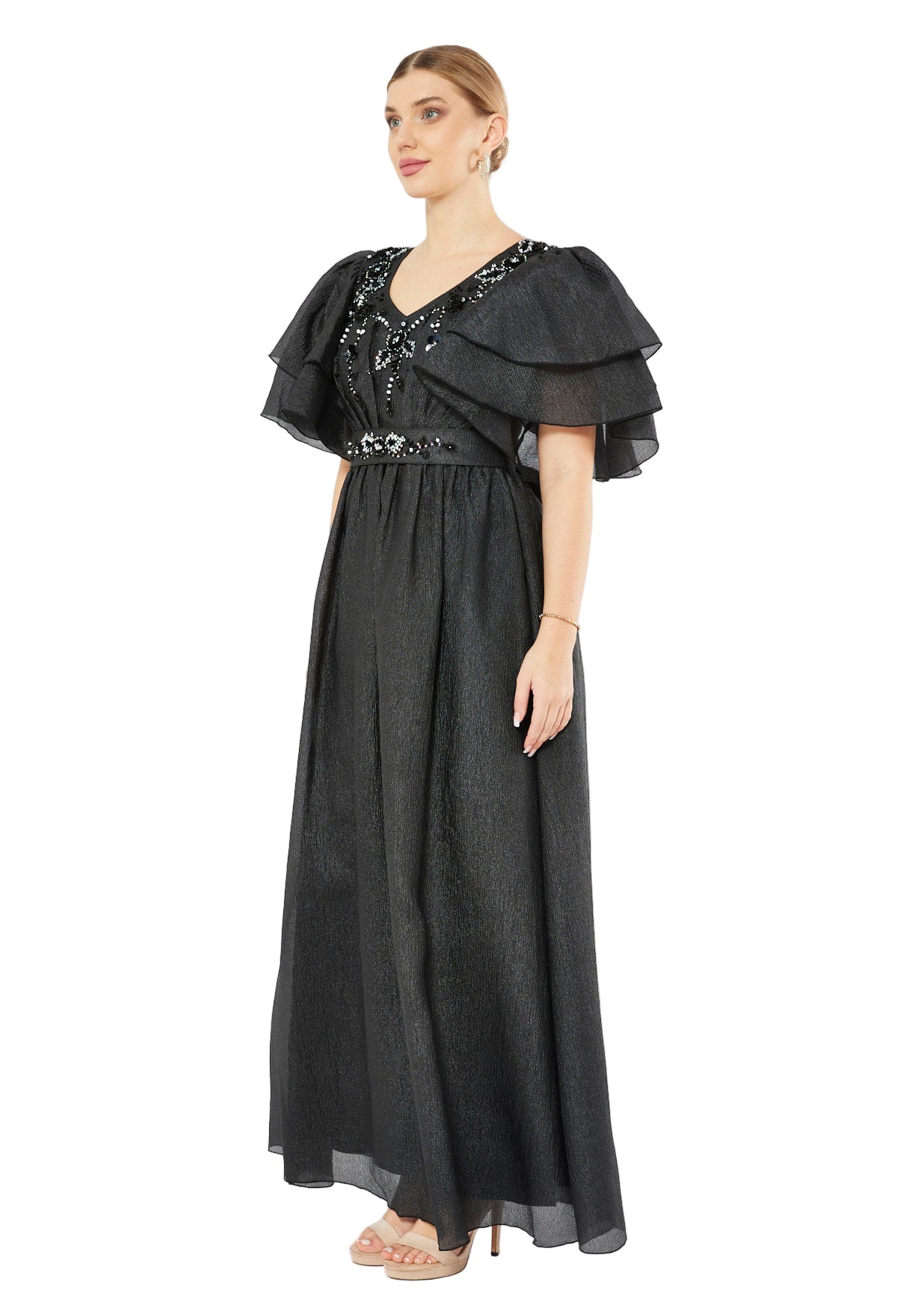 Layered Sleeve Embellished Petal Gown