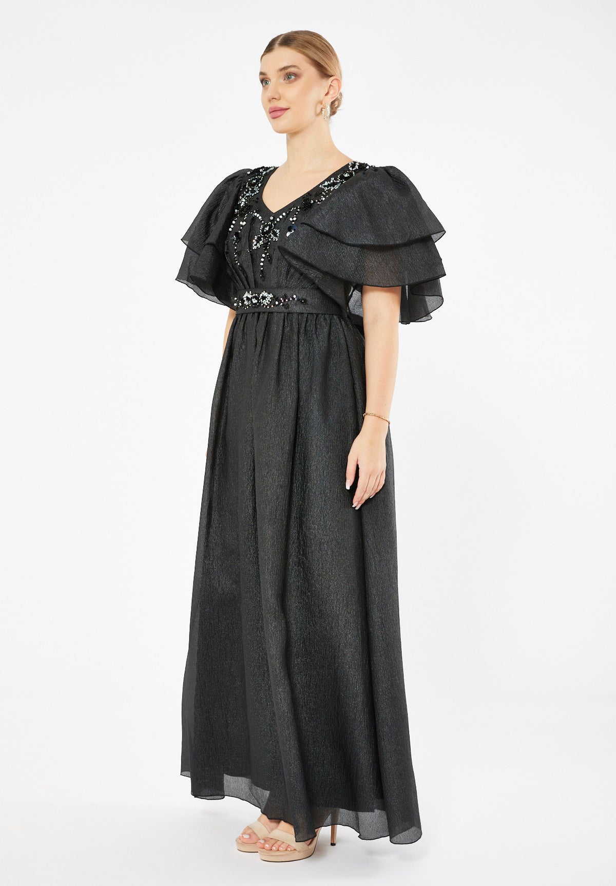 Embellished Tiered Sleeve Gown
