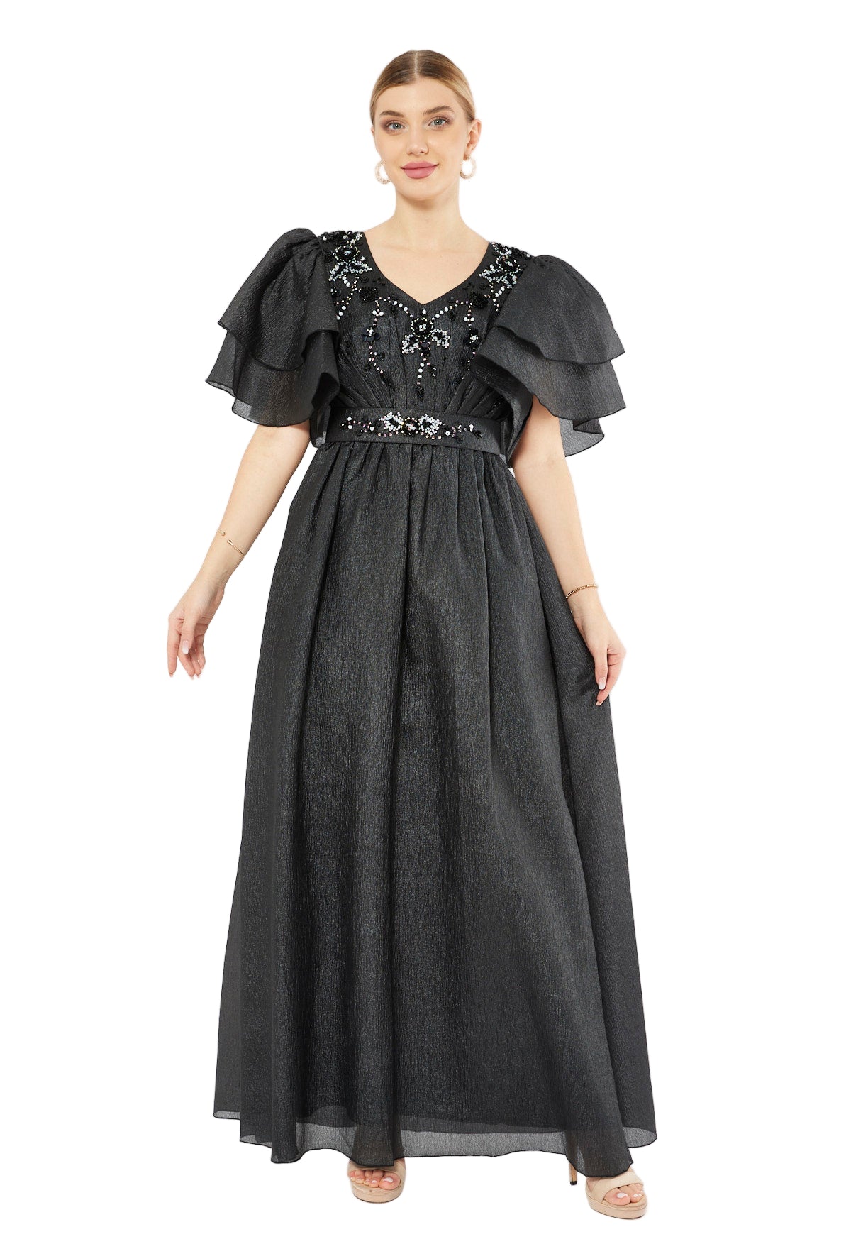 Layered Sleeve Embellished Petal Gown