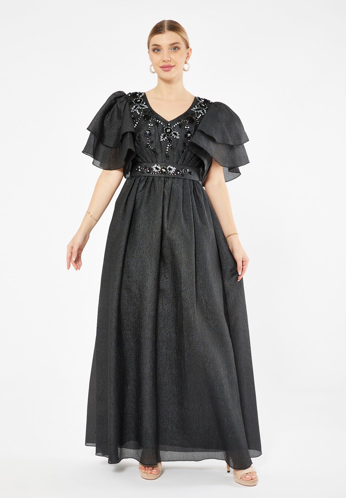Embellished Tiered Sleeve Gown