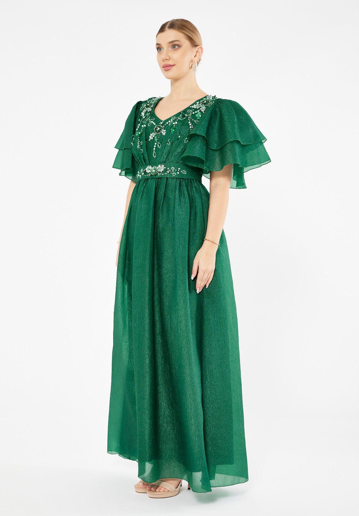 Embellished Tiered Sleeve Gown