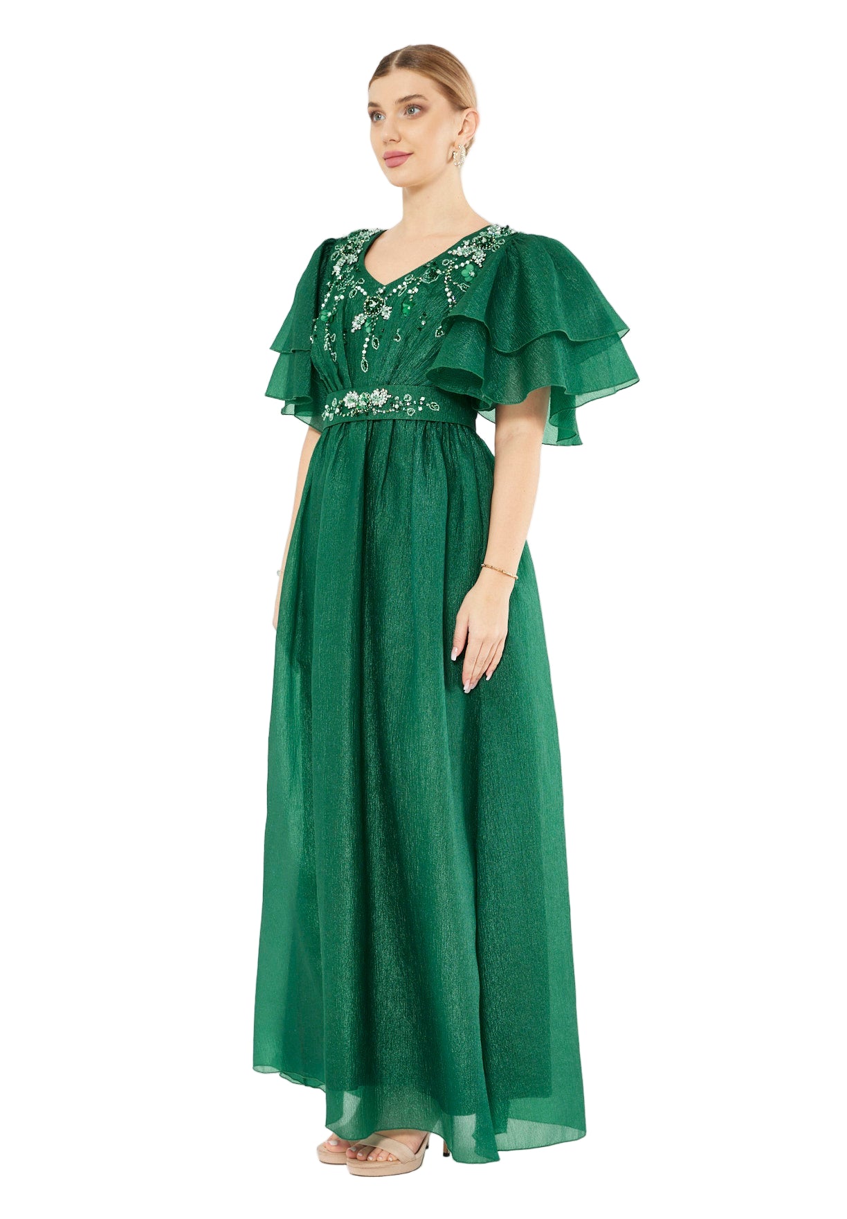 Layered Sleeve Embellished Petal Gown