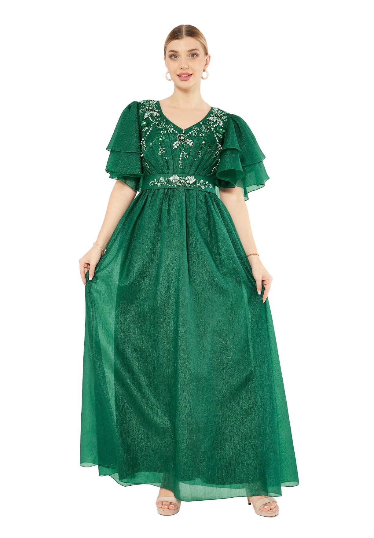 Layered Sleeve Embellished Petal Gown