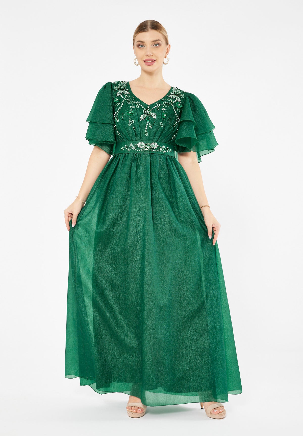 Embellished Tiered Sleeve Gown