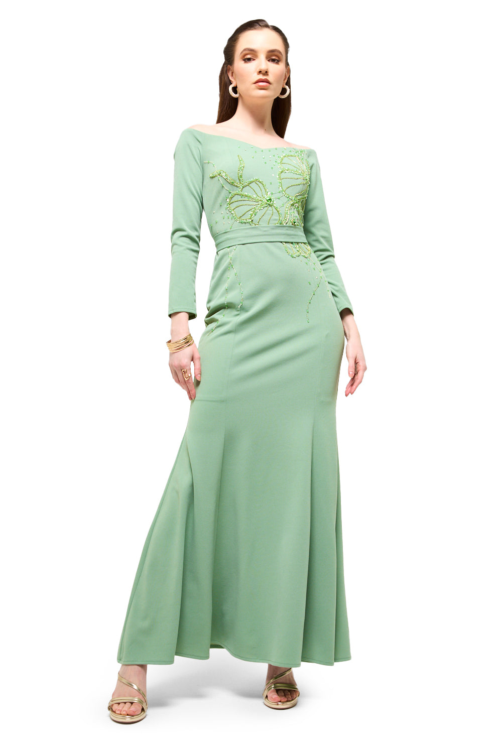 Beaded Floral Boat Neck Maxi Dress