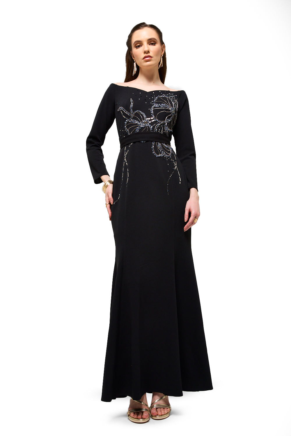 Beaded Floral Boat Neck Maxi Dress
